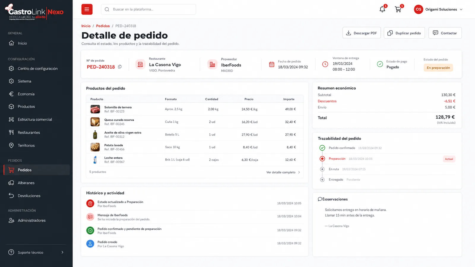 Interfaz ilustrativa de detalle de pedido con líneas e importes