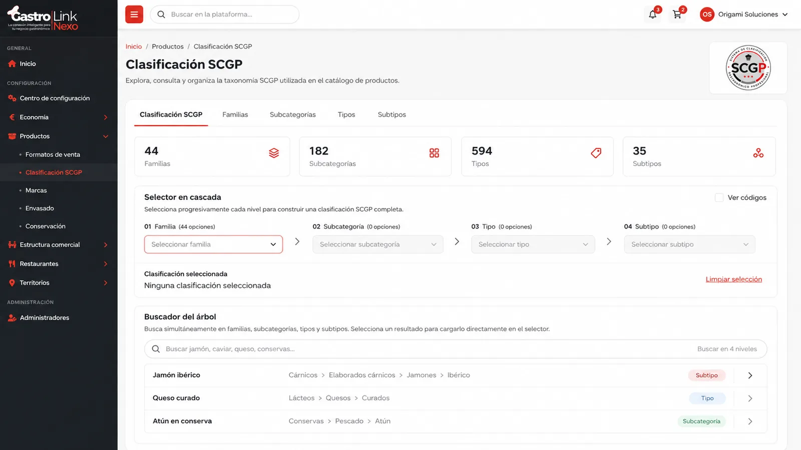 Sistema propio de clasificación SCGP con familias, subcategorías, tipos y subtipos del catálogo